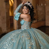 Aqua Blue Lace Beads Princess Ball Quinceanera Dress