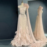 Blush Pink Feathers Luxury Dress With Cape