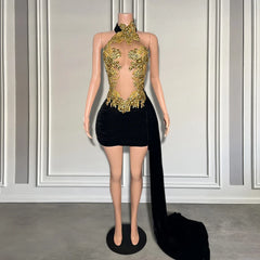 Black Velvet Sexy Mesh See Through Gold Diamond Birthday Dress