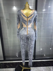 Aleah Long Sleeve High-Stretch Fringe Bodycon Jumpsuit