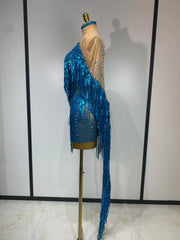 Christy Blue Rhinestone Tassel See Through Mesh Dress