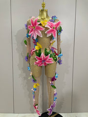 Danielle Sparkly Rhinestones 3D Flower Nude Mesh Jumpsuit
