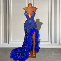 Blue Feather Sparkly Beaded Prom Dress with Slit