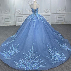 Blue Illusion lace Quinceanera Ball Dresses