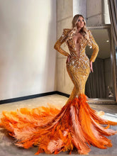 Beaded Crystal Feather Mermaid Evening Dress