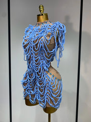 Brielle Sexy Mesh See Through Rhinestone Chain Dress