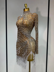Diana Luxury Rhinestone Tight Long Sleeve Evening Short Dress