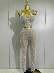 Diane Sparkly Rhinestone Lace Halter Top & Wide-Leg Pants Two-Piece Set
