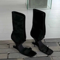 Black Leather Cutout Mid Calf Sandal Boots Square Open Toe Single Strap Wedge Heel