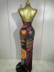 Aviana Colorful Halter Rhinestone Print Long Dress