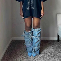 Blue Denim Strappy Knee High Pointed Toe Boots