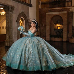 Aqua Blue Lace Beads Princess Ball Quinceanera Dress