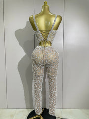Diane Sparkly Rhinestone Lace Halter Top & Wide-Leg Pants Two-Piece Set