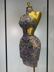 Amaris Sexy Halter Diamonds Backless Luxury Short Festival Dress