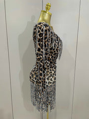 Daniela One-Shoulder Leopard Print Rhinestone Tassel Mini Dress