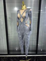 Aleah Long Sleeve High-Stretch Fringe Bodycon Jumpsuit