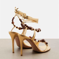 Bohemian Beaded Ankle Wrap Stiletto Sandals Leather Open-Toe Lace-Up High Heels
