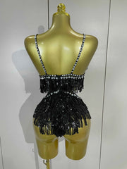 Claire Rhinestone Feather Tassel Mesh Bodysuit