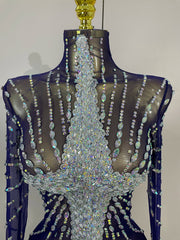 Ajay Sheer Mesh See-Through Sparkling Diamond Sequin Long Sleeve Mini Dress