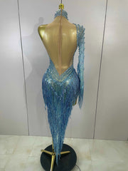 Ailanny Sparkly Diamond Blue Rhinestone Mesh One Shoulder Tassel Dress