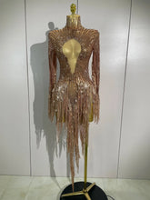 Aimee Sexy Sheer Mesh Long Sleeve Sparkly Rhinestone Sequin Tassel Dress