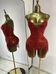 Bridgette Red Rhinestone Tassel Mesh Bodysuit for Women