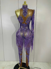 Dayla Sparkle Diamond Purple Tassel One-Shoulder Mesh Jumpsuit