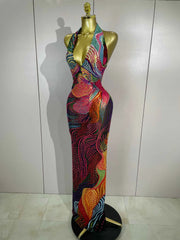 Aviana Colorful Halter Rhinestone Print Long Dress
