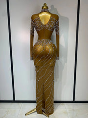 Colette Sparkly Brown Rhinestone Mesh Long Dress