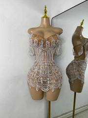 Claren Luxury Pearl & Sparkly Rhinestone Off-Shoulder Mesh Bodycon Mini Dress for Women