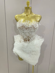 Arlina White Lace Strapless Tops Ruffles Mini Skirt 2 PCS Set