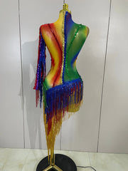 Caitlin Colorful Sparkly Rhinestones One Shoulder Tassel Sexy See-Through Dress