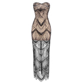 Ayanna Luxury Sequin Beaded Party Dress – Strapless Glitter Patchwork Mesh Gown