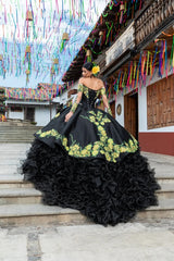 Black Organza Appliques Beaded Charro Quinceanera Dresses