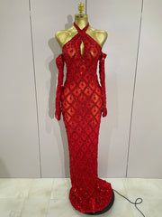 Avery Sparkly Rhinestones Halter Mesh Long Dress With Gloves