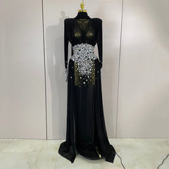 Alie Elegant Sparkly Diamond Long Sleeve Mesh See-Through Maxi Abaya Party Dress