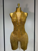 Angie See Through Stretch Gold Rhinestone Dress