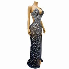 Audre Silver Rhinestones High Split Dress