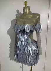 Cleo Luxury Sparkly Diamond 3D Acrylic Leaf Mesh Transparent Mini Dress