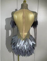 Cleo Luxury Sparkly Diamond 3D Acrylic Leaf Mesh Transparent Mini Dress