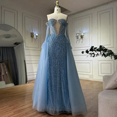 Blue Mermaid Evening Gown with Gloves and Overskirt