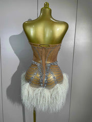 Corri Sparkly Diamonds Tassel Sexy Strapless Mesh Sheer Mini
