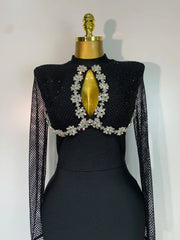 Caroline Black Long Sleeve Beaded Maxi Bandage Dress