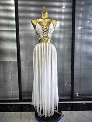 Chantelle Golden Sequin Mesh See-Through Maxi Dress