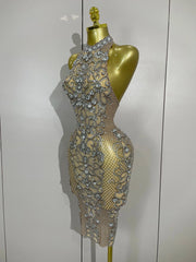 Amelise Sparkly Crystal Diamonds See Through Mesh Dress