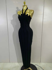 Bianca Sexy Beaded Scalloped Halter Black Bodycon Bandage Maxi Dress