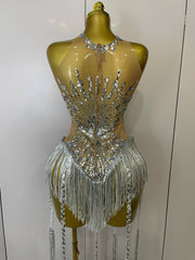 Desiree Silver Sequin Diamond Mesh Tassel Bodysuit