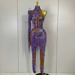 Dayla Sparkle Diamond Purple Tassel One-Shoulder Mesh Jumpsuit