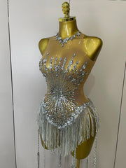 Desiree Silver Sequin Diamond Mesh Tassel Bodysuit
