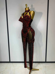 Amanda Backless Red Rhinestone Black Mesh Bodycon Jumpsuit